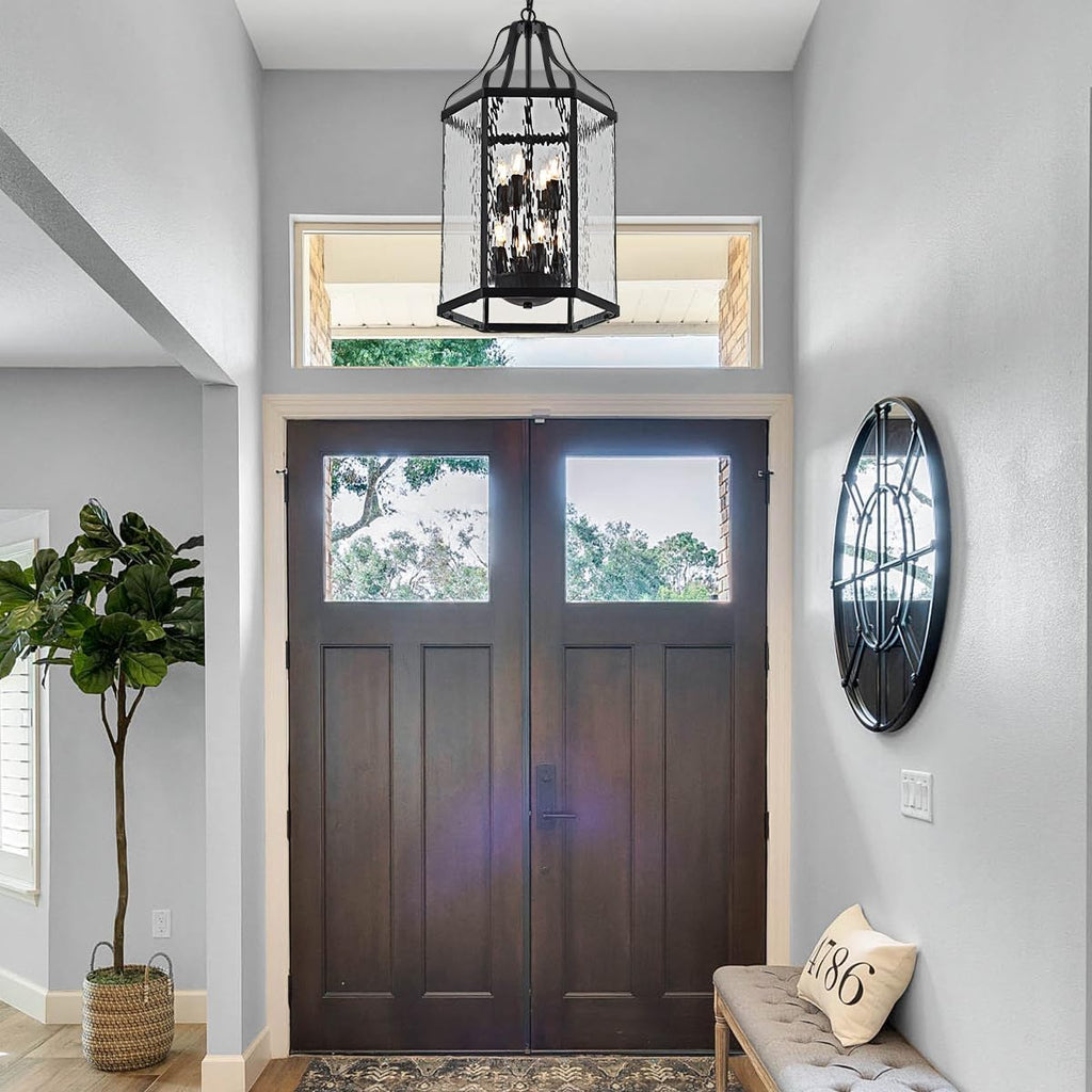 14" Modern 8-Light Exterior Black Lantern Pendant Light Fixture with Clear Rippled Glass Mini Industrial Hanging Cage