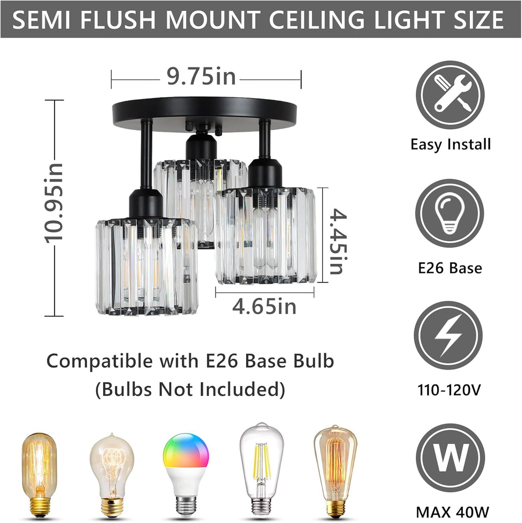 Crystal Semi Flush Mount Ceiling Light,3-Light Modern Close to Ceiling Light Fixtures,Black Kitchen Light Fixtures