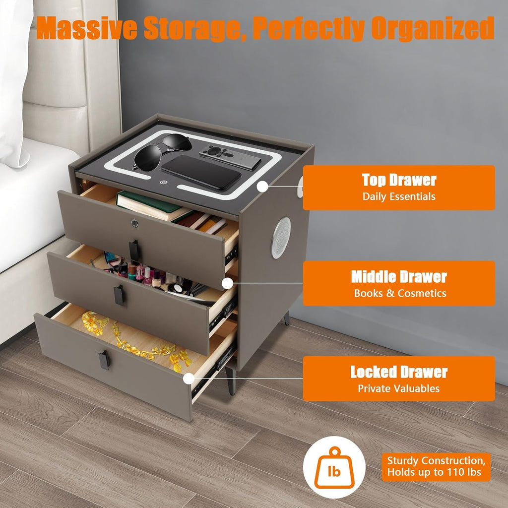 Smart Bedside Side Table w/USB Charging, Smart LED Nightstand w/Three-Color Light & Fingerprint Lock Drawer, Speaker