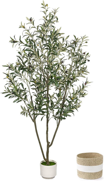 Artificial Olive Tree 6FT - Tall Faux Olive Trees Indoor with Planter&Cotton Basket, Large Fake Olive Plants