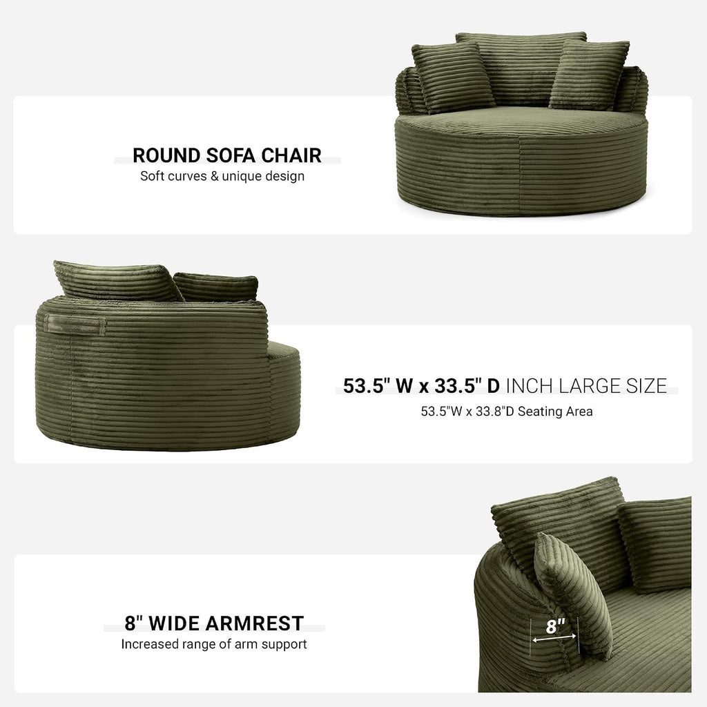 Oversized Round Lounge Chair Indoor, Corduroy Upholstered Deep Seat Cloud Circle Sofa Chair, Fluffy Boneless Sleeper