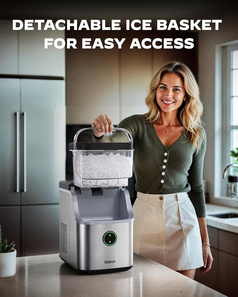 Nugget Ice Maker Countertop, Ice Basket with Handle, Quiet Operation & Self Cleaning Ice Machine, Chewable Ice, 33