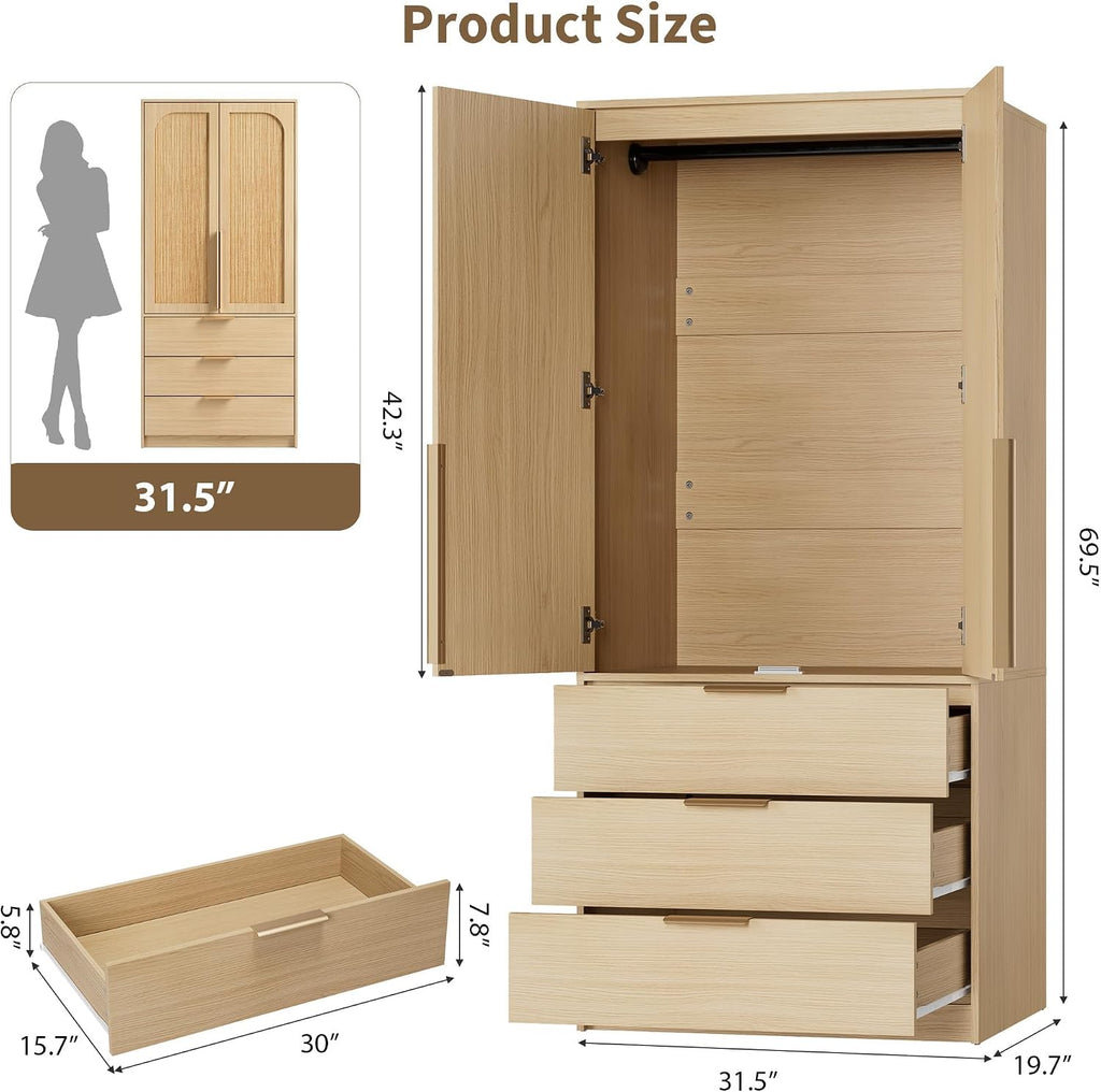 70" Wardrobe Armoire Wooden Closet with 3 Drawers, Oak | Bedroom Armoire with Hanging Rod Shelf, Large Capacity