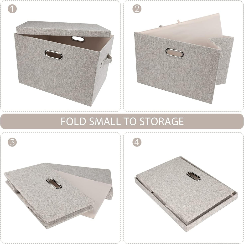 Large Quart Collapsible Stackable Storage Bins with Lids, 3 Packs Beige Linen Fabric Closet Boxes with Lids, Storage
