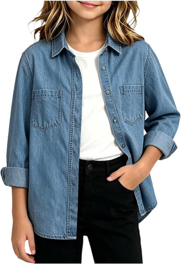 Girls Denim Button Down Shirt Trendy Teen Western Jean Shirt Jacket