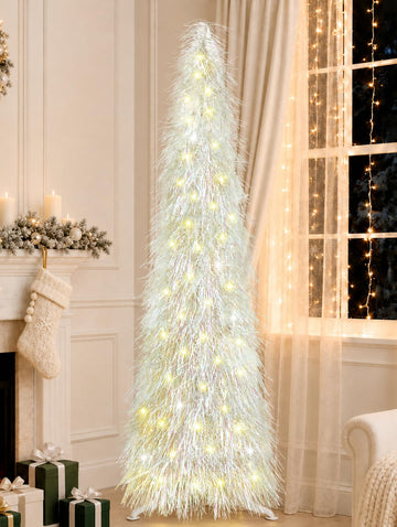 5 FT Shaggy Pop Up Christmas Tree with 50 Timer Lights, White Collapsible Artificial Tinsel Christmas Pencil Tree