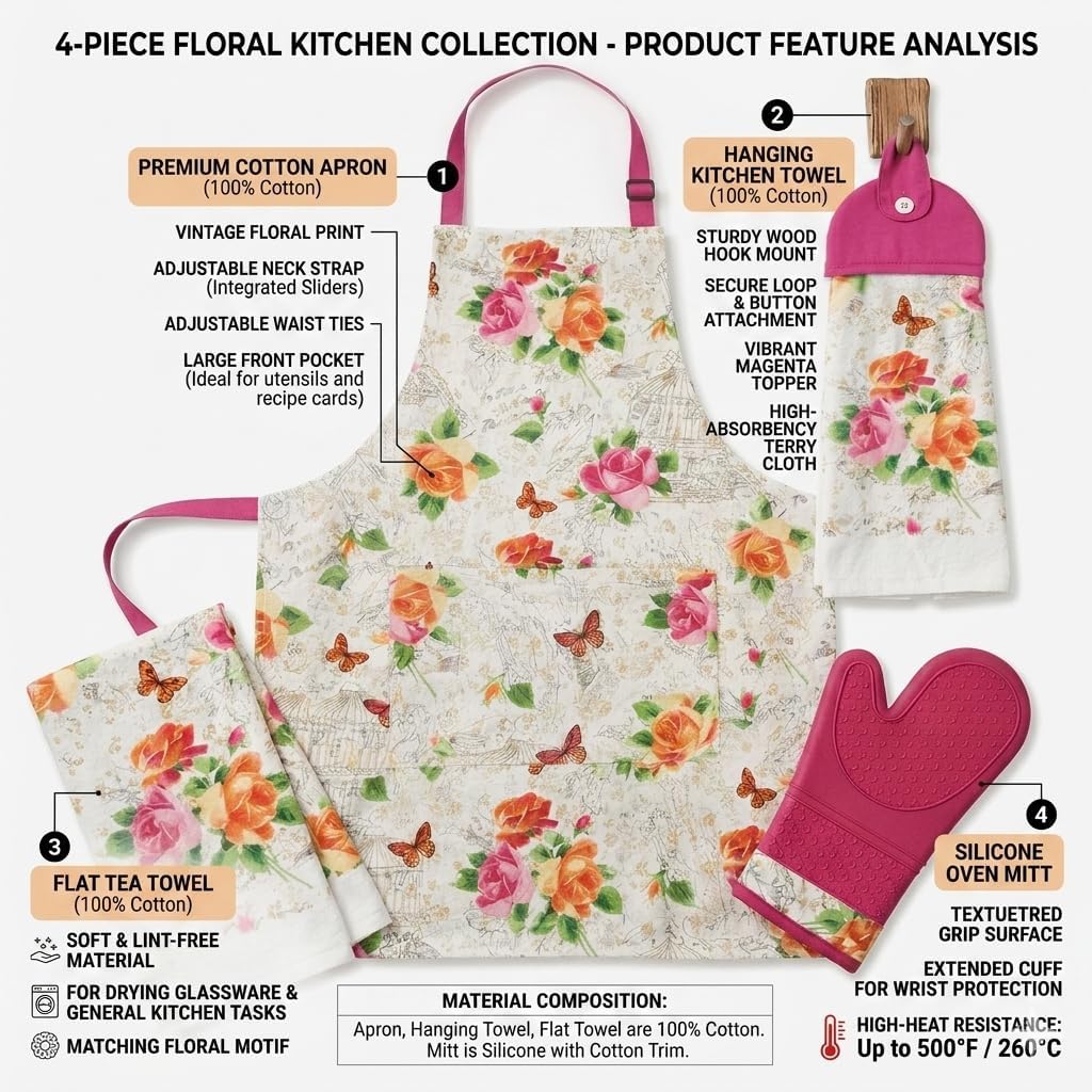 4-Piece Kitchen Linen Set, Apron, Oven Mitt & Towel Gift | Complete 4-piece cotton kitchen linen set designed for