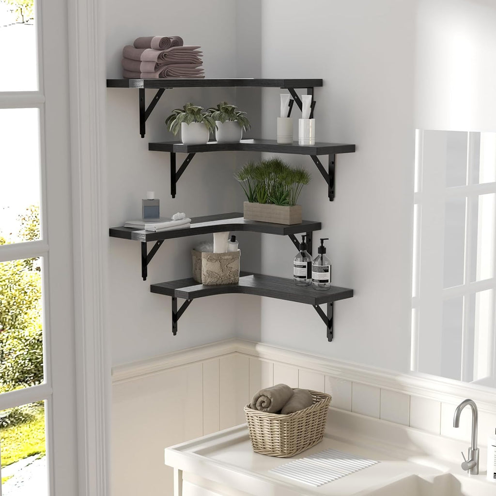 Corner Floating Shelves Wall Mounted Set of 4, Rustic Wood Storage Display Shelves Decor, Bathroom, Kitchen, Bedroom