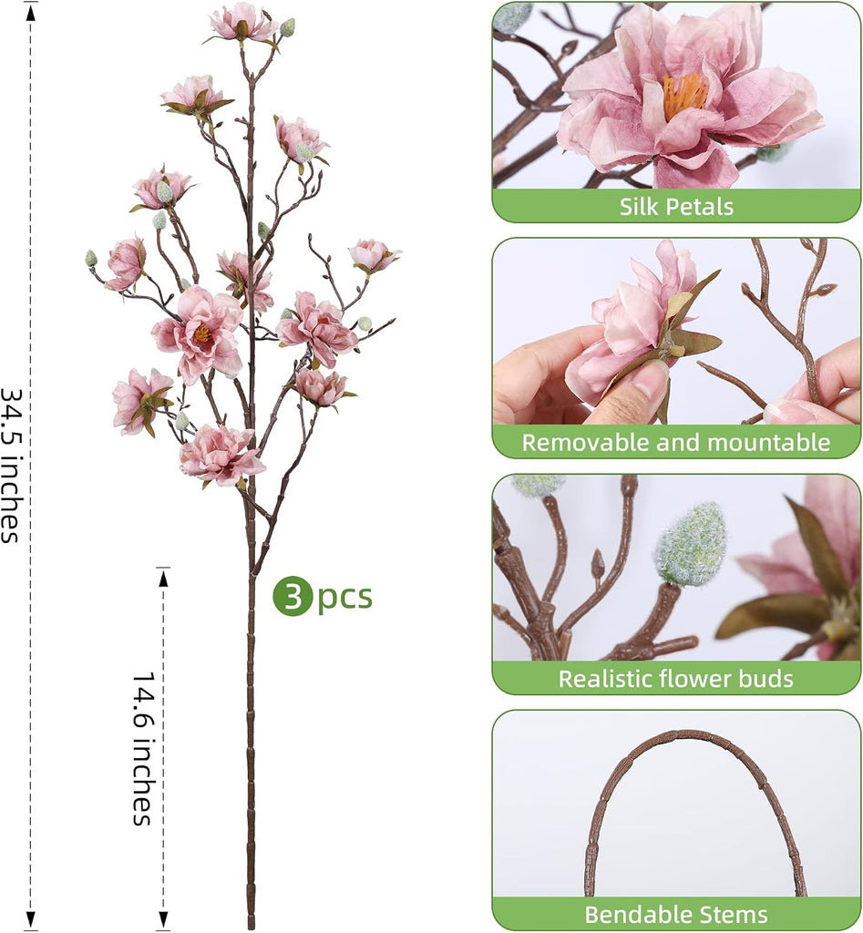 3PCS Artificial Magnolia Flowers Stems for Spring Decoration, Faux Pink Magnolia Branches with Buds, 34.5" Long Stems