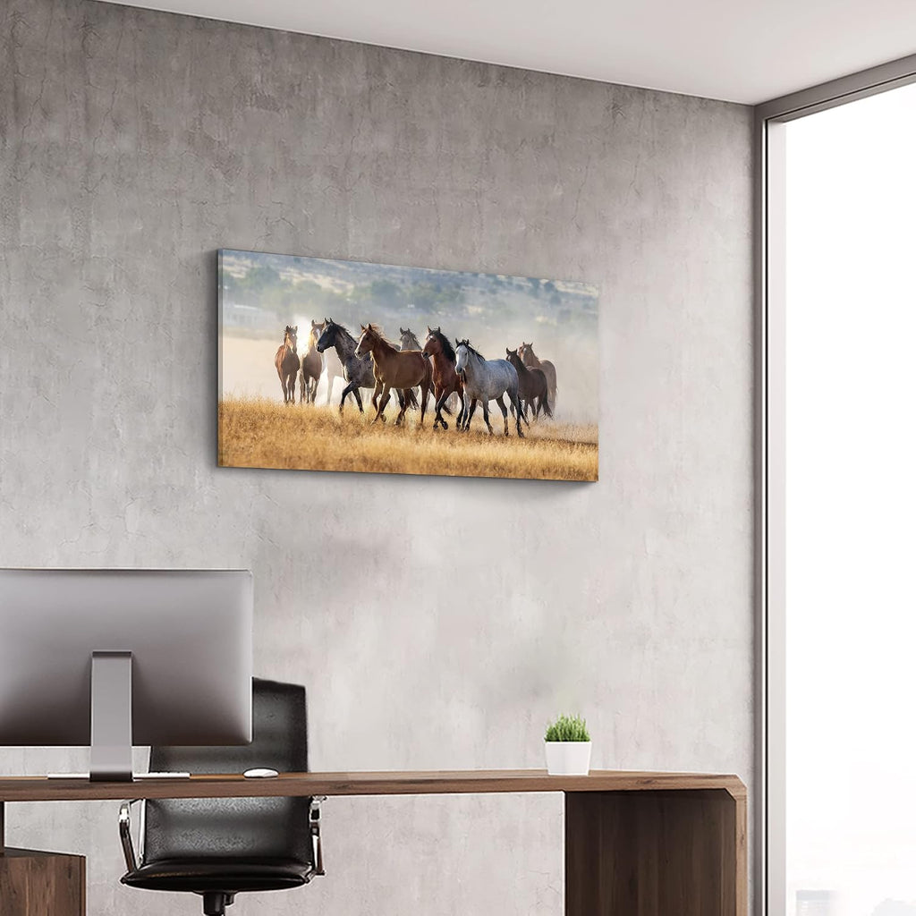 Rustic Horses Wall Art Decor: Western Farm Equine Canvas Picture Wild Animals Walking on Empty Grassland Farmhouse