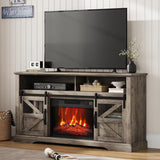 Farmhouse Fireplace TV Stand for TVs up to 65+ Inches, Entertainment Center with 23 Inch Electric Fireplace, Large Storage Console with Sliding Barn Door, Brown