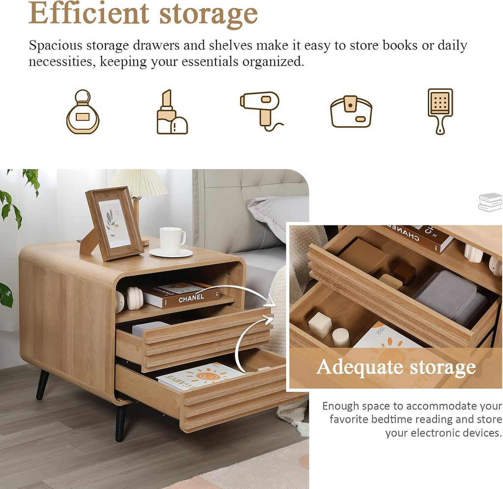 Modern Nightstand with Charging Station, 24" Night Stands with 2 Drawers, Wood Fluted End Table with Storage, Oak