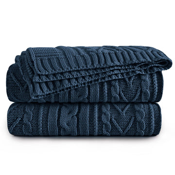 Navy Blue Cable Knit Throw Blanket Oversized, 60" x 80"