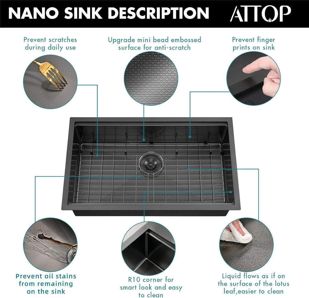 32 Inch Black Workstation Undermount Large Single Bowl Kitchen Sink | 32x19 Inch, Nano Black Stainless steel