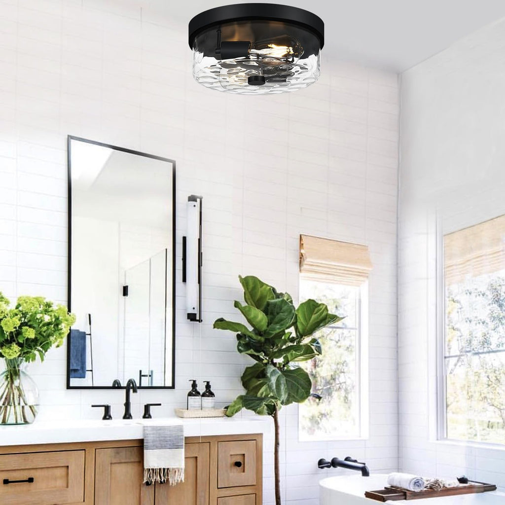 Flush Mount Ceiling Light Fixtures, 2-Light Black Ceiling Mount for Farmhouse with Water Ripple Glass Lampshade