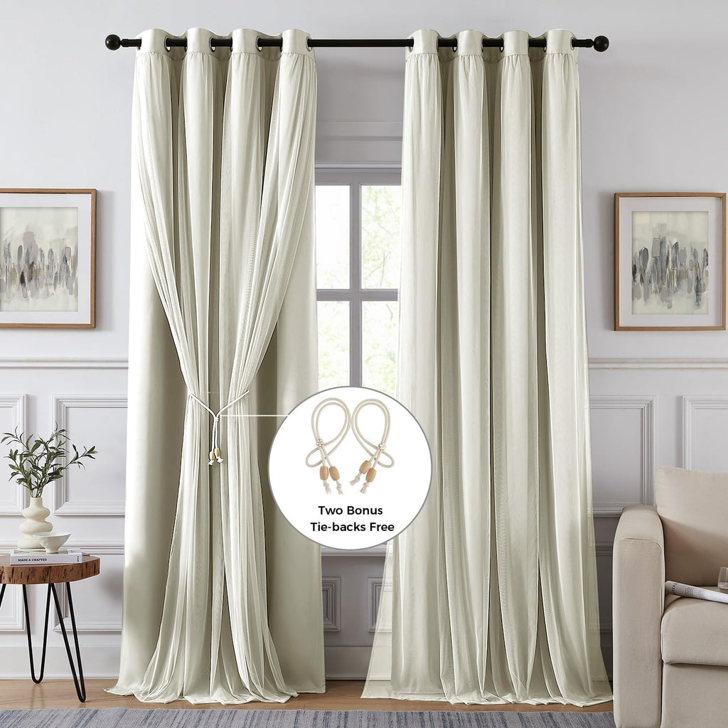 100% Blackout Curtains, Double Layer Ivory Curtains, Black Out Curtain 84 inch Long with Sheer Overlay, Room
