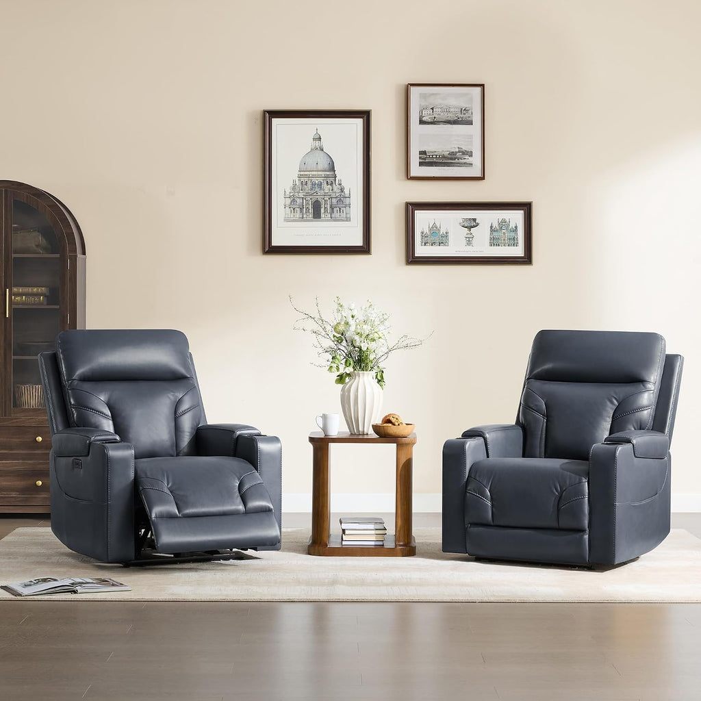 Genuine Leather Power Recliner Chair, Wall Hugger Electric Reclining Chair with Cup Holders & Charging Ports , Navy