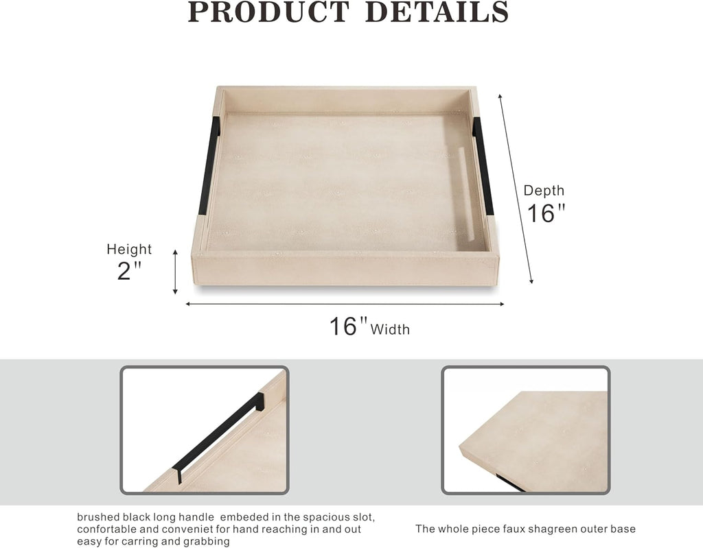Sagala 16"x16" Ivory Shagreen Leather Serving Tray with Handles for Ottoman Coffee Table, Stylish Decorative Tray