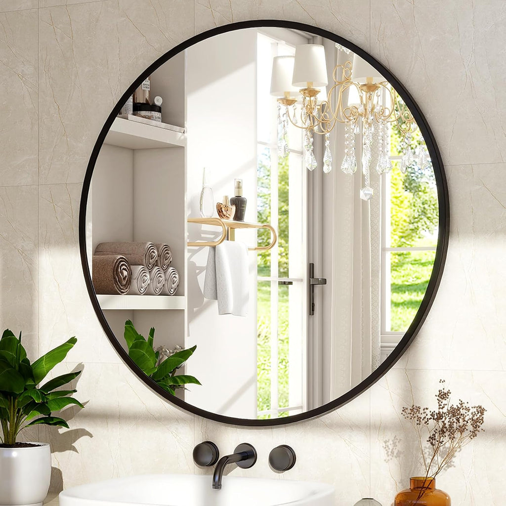 24 Inch Round Mirror - Circle Mirrors Wall Decor, Modern Hanging Vanity Mirror, Matte Black Circle Decorative Wall