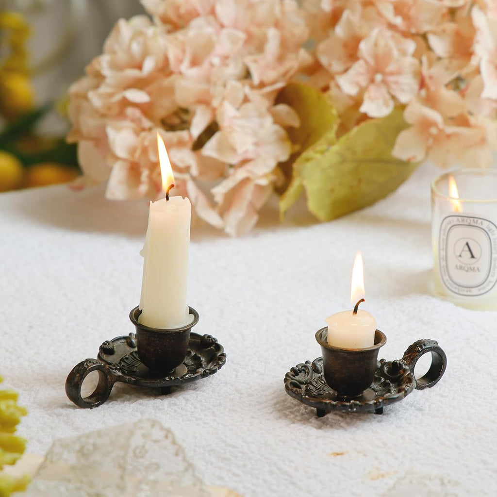 Vintage Small Brown Taper Candle Holders Set of 2, Handle Design | Old Fashioned Rustic Metal Candlestick Stand for