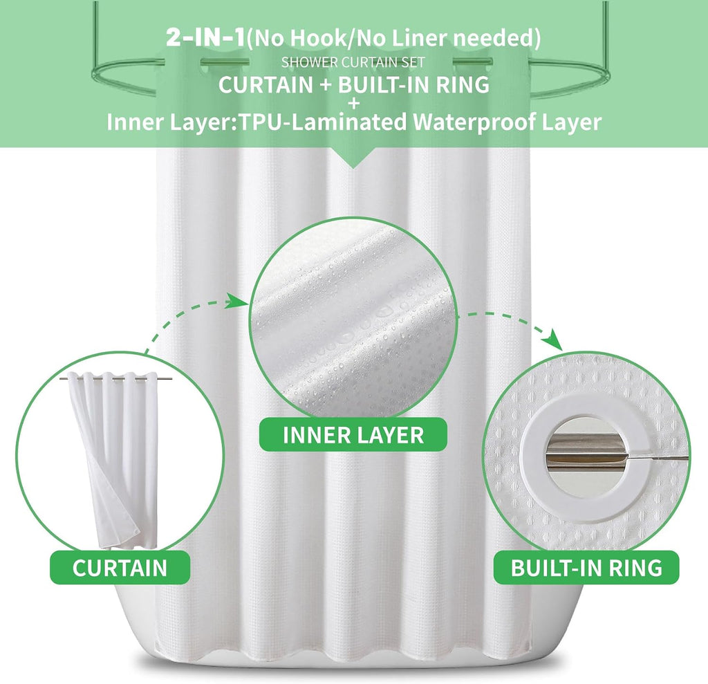 No Hook Waffle Shower Curtain, No Liner Needed, 71x74 Inch, White | 100% waterproof TPU-laminated backing, magnetic