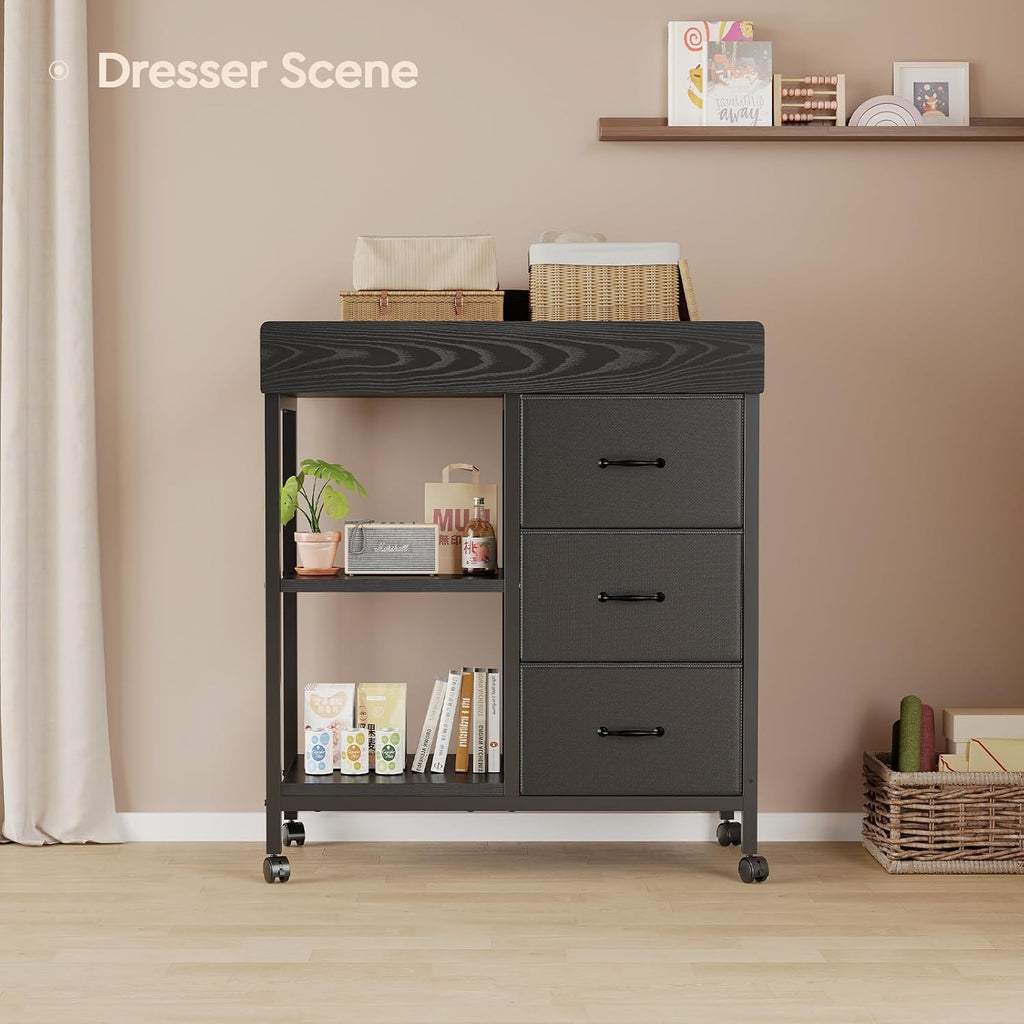 Changing Table, 3 Drawers&2 Shelves, Changing Table Dresser, Black | Baby Changing Table,Waterproof Diaper pad &