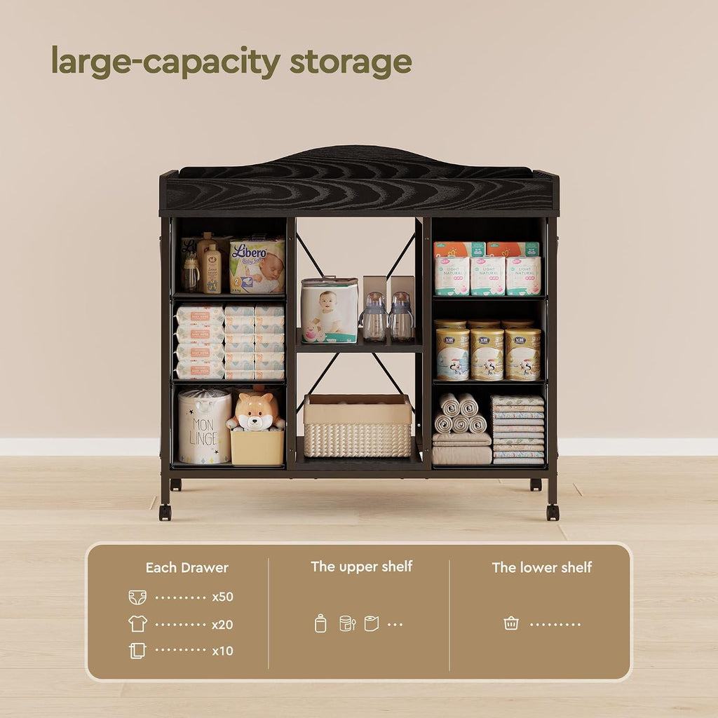 Changing Table, 6-Drawer Dresser, Adjustable Shelves, Mobile, Black | Changing Table,Waterproof Diaper pad & Safety
