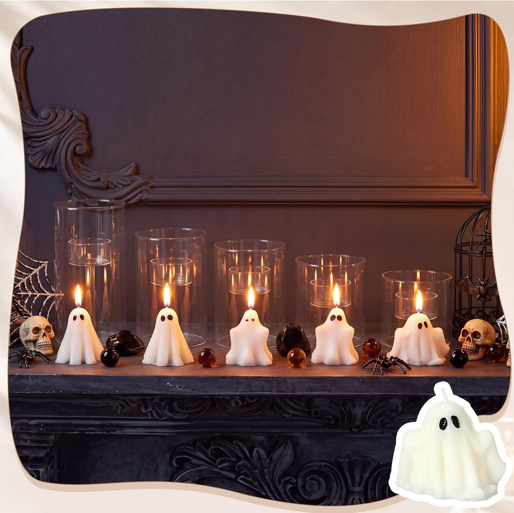 10 Pcs Halloween Glass Cylinder Hurricane Candle Holder with Halloween Ghost Candles, Clear Cylinder Pillar Candle