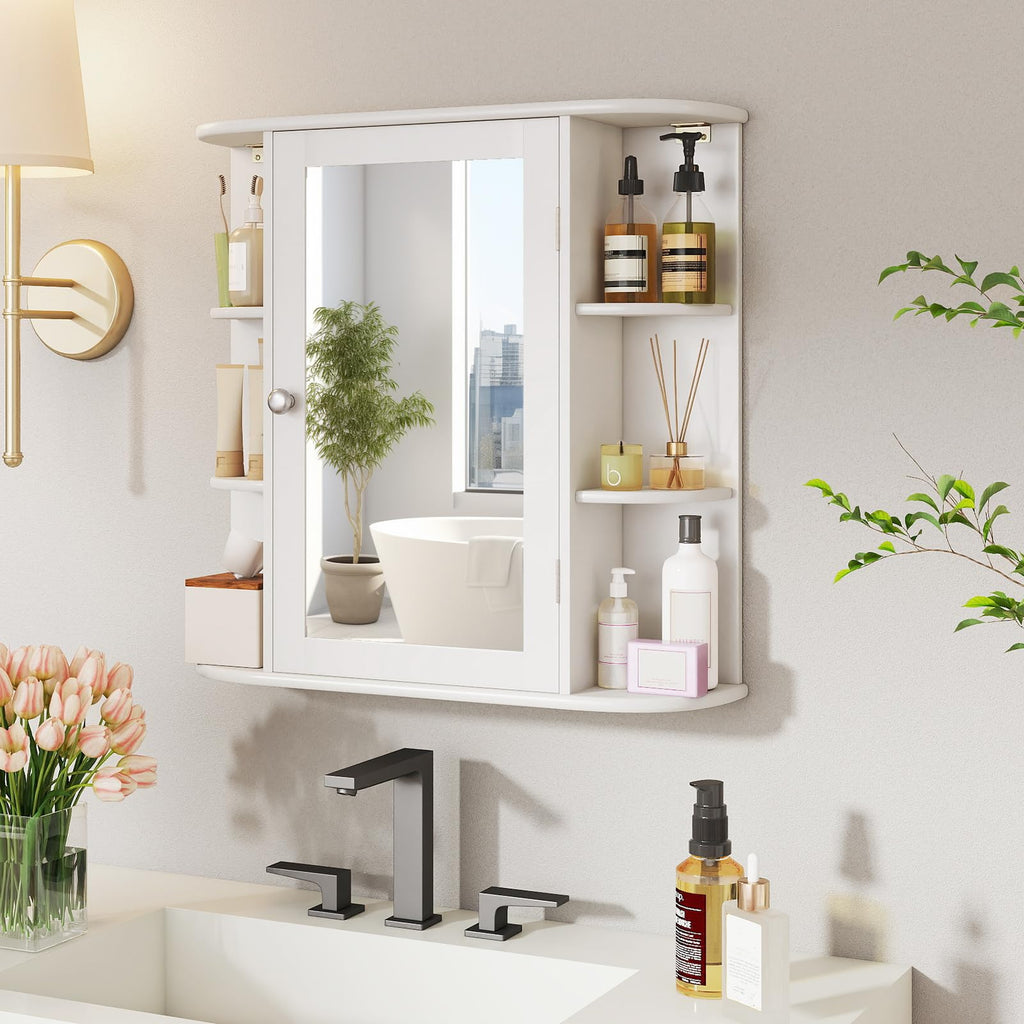 Bathroom Medicine Cabinet with Mirror, Modern Wall Mounted Space-Saving Storage Organizer with Mirrored Door, 4