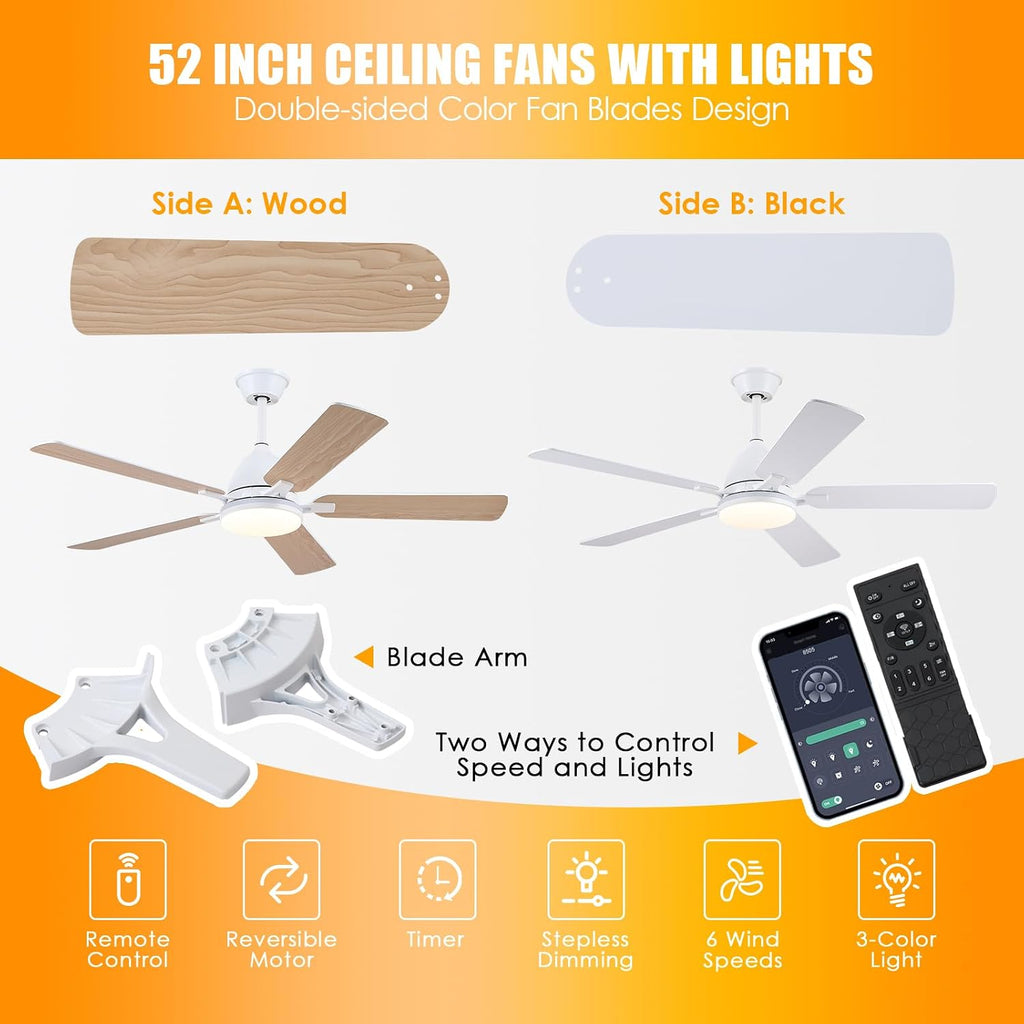 Ceiling Fans with Lights, 52 Inch Low Profile Ceiling Fan with Light and Remote Control,Reversible,RGB,3CCT, Dimmable,Quiet,White Ceiling Fan for Bedroom Indoor/Outdoor Use