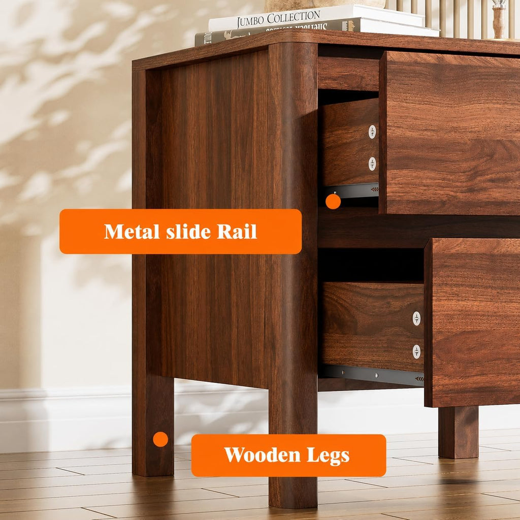 Mid Century Walnut Nightstand with 2 Drawers, Modern Wooden Bedside Table with Hidden Handles and Solid Wood Legs
