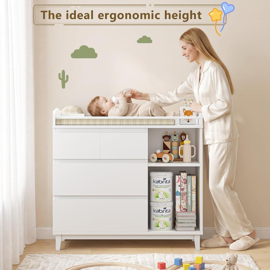 Baby Changing Table with 4 Drawers & 2 Open Shelves, Multi-Functional Nursery Changing Station with Storage, Pearl