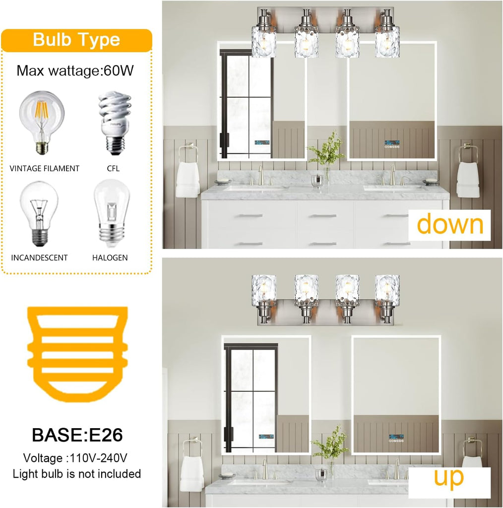 4-Light Bathroom Vanity Light Fixture Brushed Nickel Industrial Wall Sconce Lighting with Hammered Glass Shade