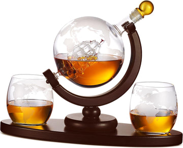 Gifts for Men, Whiskey Decanter Globe Set with 2 Etched Whiskey Glasses - for Liquor Scotch Bourbon Vodka, Gifts For
