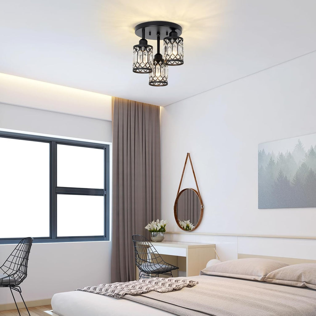 Semi Flush Mount Ceiling Light,3-Light Modern Crystal Close to Ceiling Light Fixtures, Black Kitchen Light Fixtures