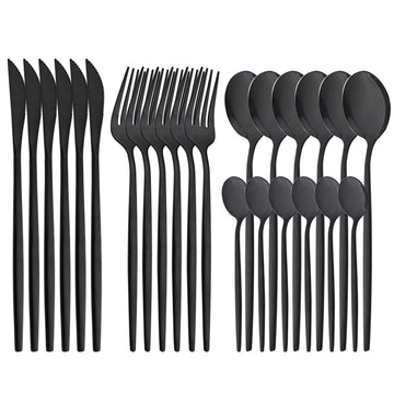 24-Piece Mirror Black Polished Flatware, 18/0 Stainless Steel Dinnerware Set Include Knife Fork Spoon Teaspoon