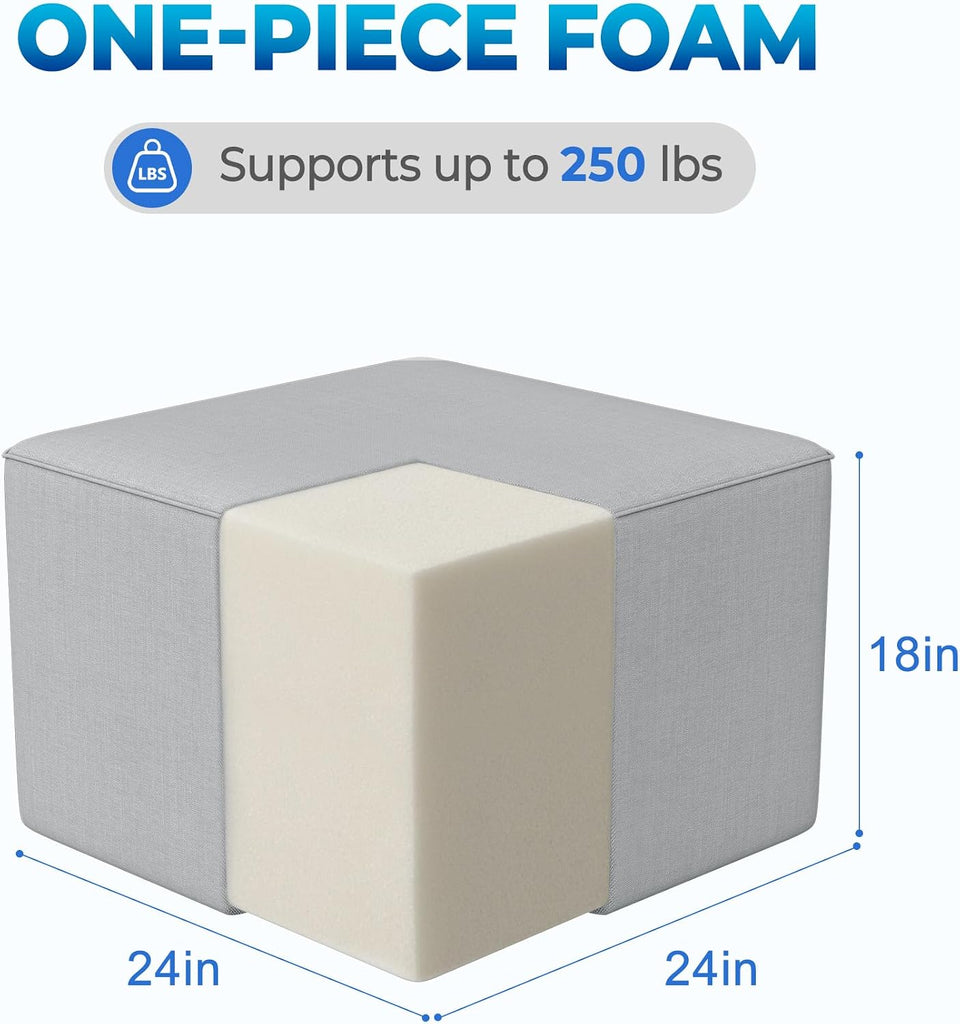 Square Outdoor Ottoman Pouf, 24" Waterproof Patio Foot Rest, Light Gray | Ottoman Foot Rest, Comfy Footstool