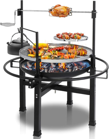 33 Inch Outdoor Fire Pit with 2 Grills, Wood Burning Firepit with Swivel Cooking Grate, Removable Swivel Grill