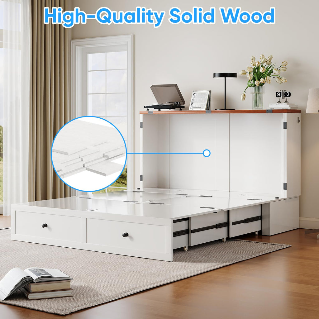Murphy Bed Queen with Mattress Included, Farmhouse Frame Cabinet Beds Chest with Charging Station & Storage Drawers