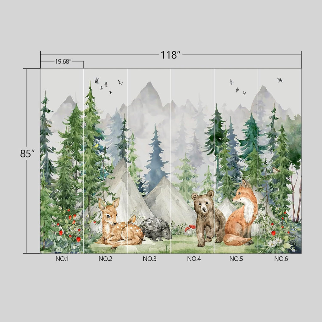 Kids Animals Forest Wallpaper Peel and Stick Nursery wall Mural Living Room - 85"x118"