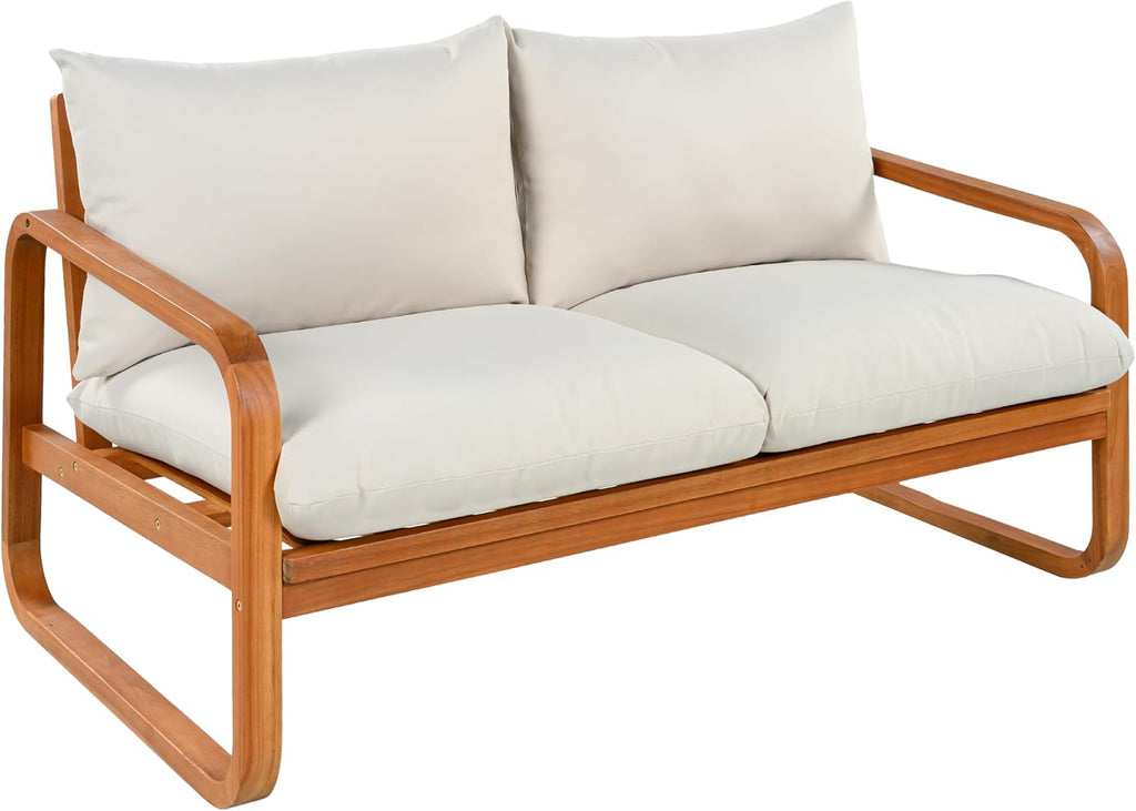 Outdoor 4-Piece Acacia Wood Conversation Set - Patio 2-Seat Loveseat Sofa w/Cushion, 2 Armchair and Square Coffee