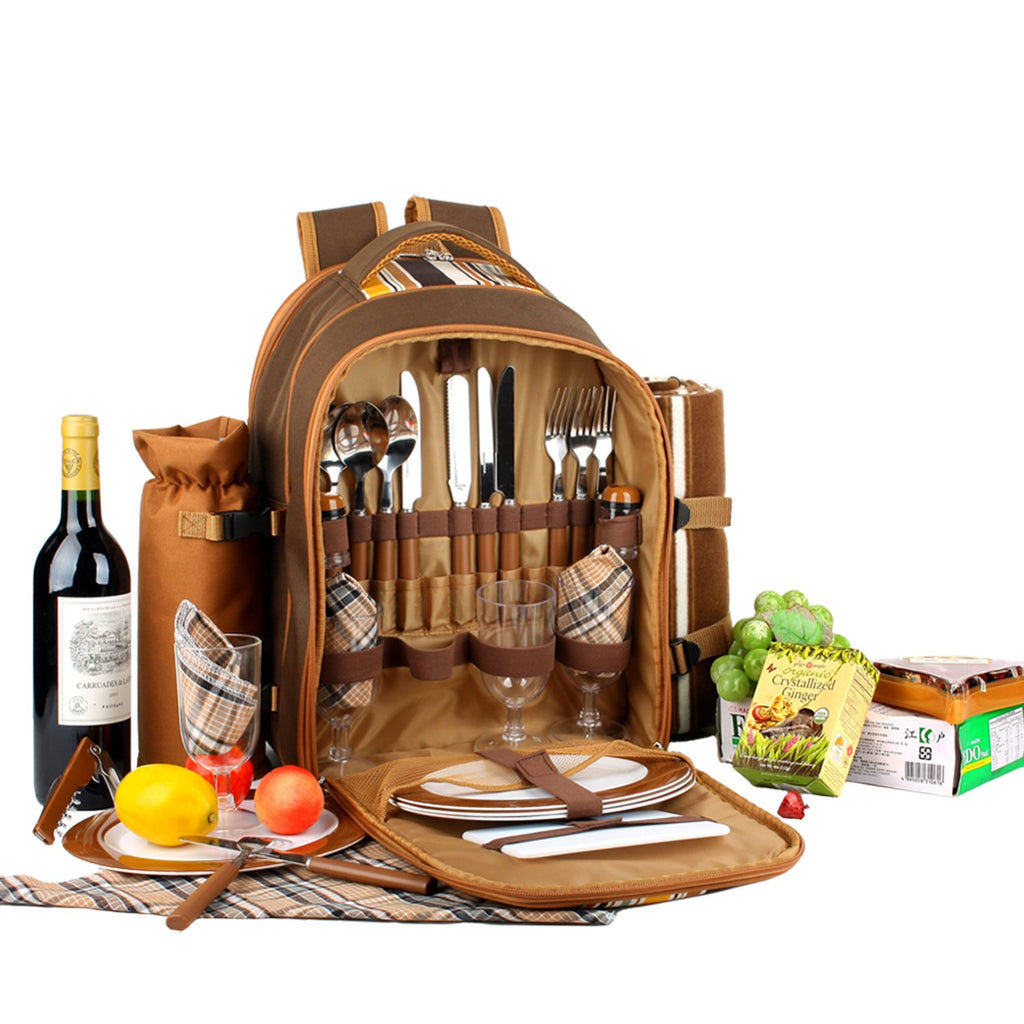 Backpack, 4-Person with Blanket & Wine, Family & Lovers Gift, Brown
