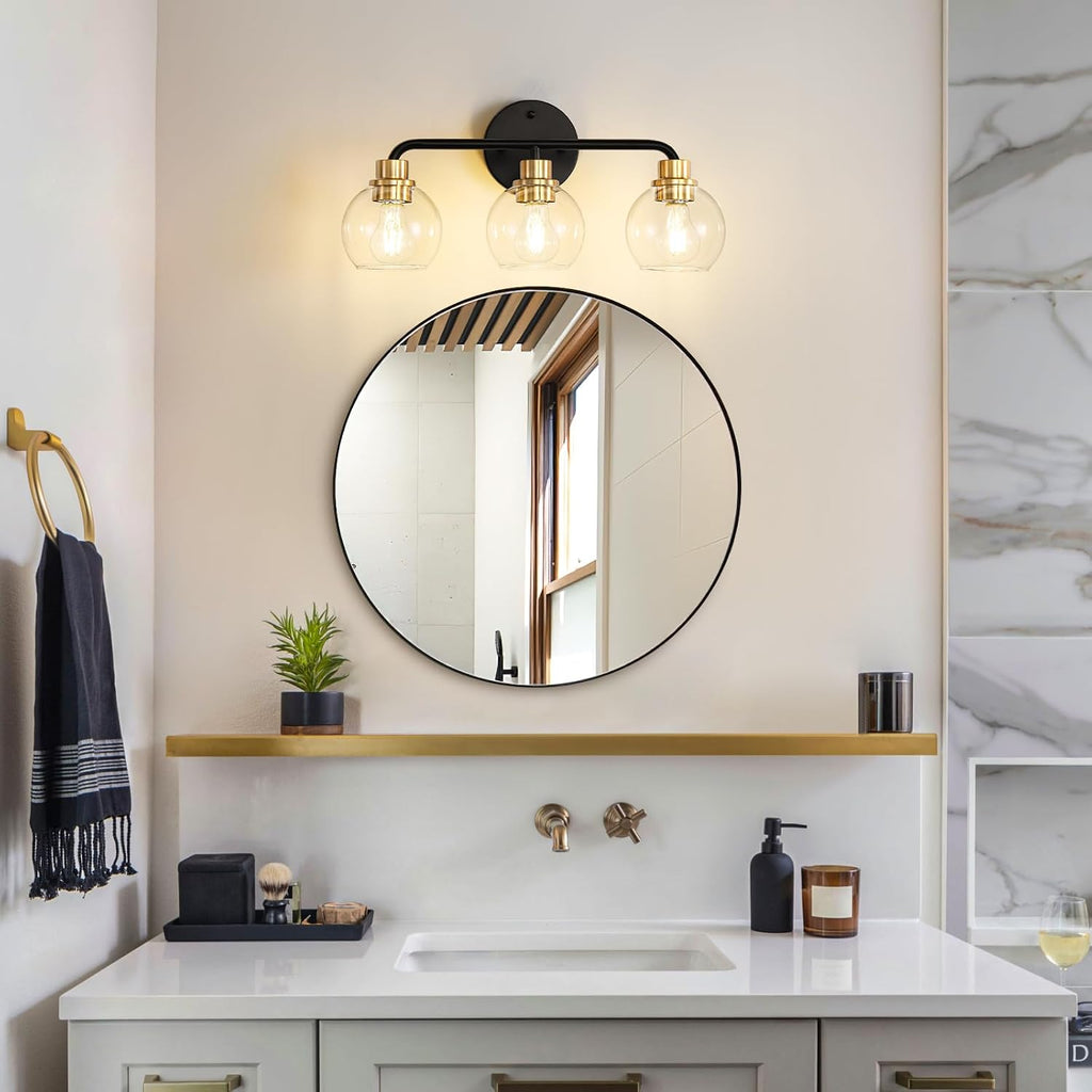 3 Light Bathroom Vanity Light, Black and Gold Bathroom Light Fixtures | with Clear Glass Shade Modern Wall Sconces