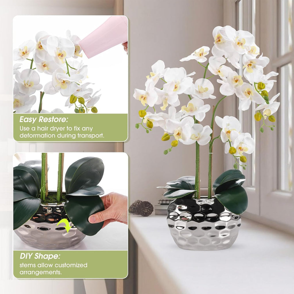 2 Pack Extra Large Orchids Artificial Flowers 24" White Faux Phalaenopsis with Ceramic Pot, Real to Touch Faux Silk
