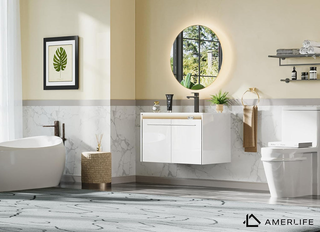 31" LED Floating Bathroom Vanity with Sink - Wall Mounted Modern Vanity with LED Lighting