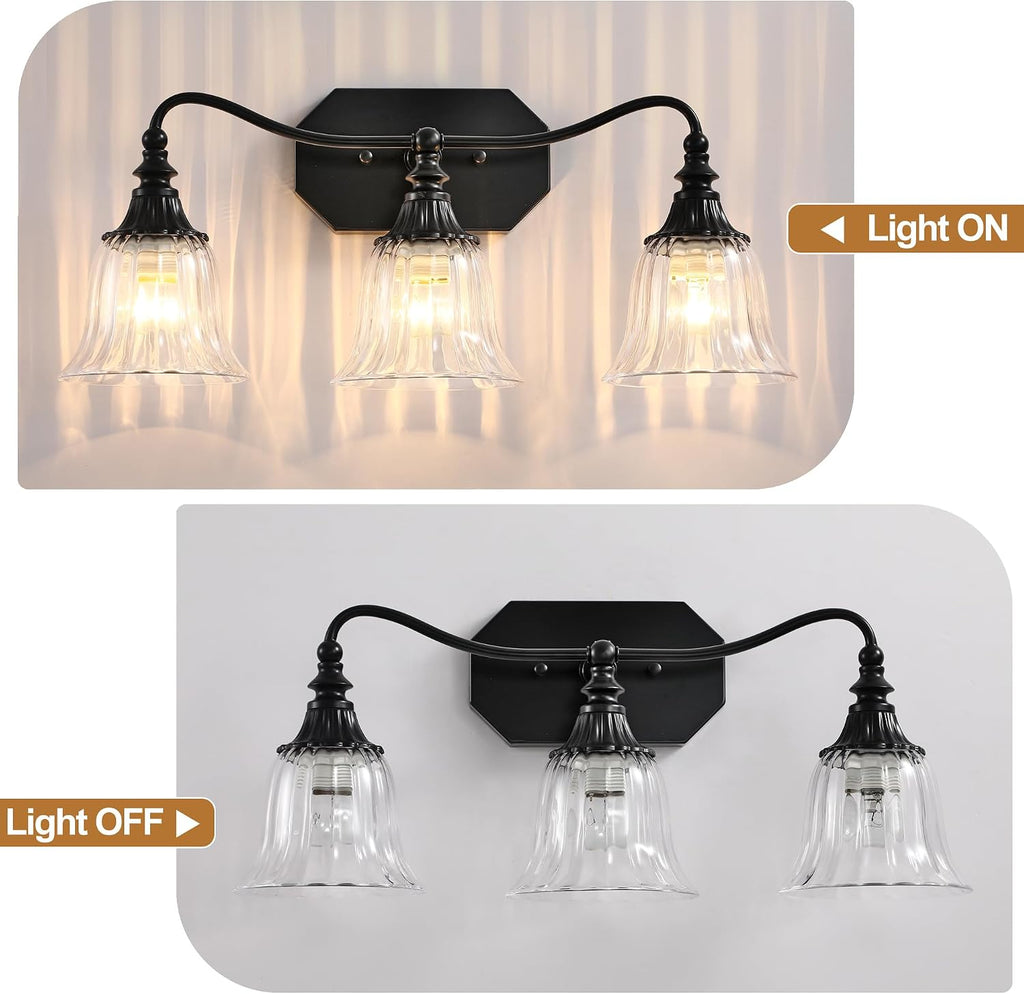 3-Light Bathroom Vanity Light, Matte Black with Crystal Glass Shade | Metal Material,Mounted Over Mirror, Easy To