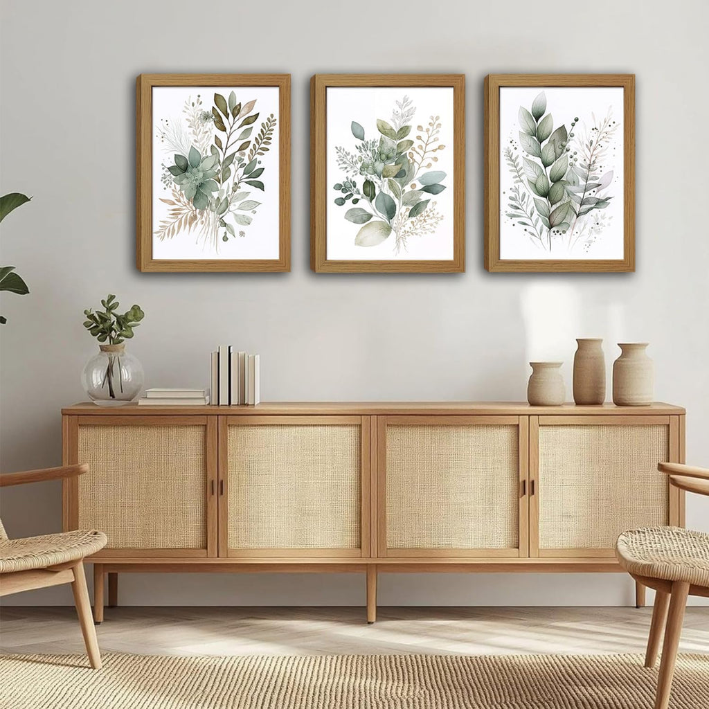 Sage Green Botanical Wall Art Set of 3, Eucalyptus Leaf Canvas Prints, Minimalist Watercolor Style Boho Nature Plant
