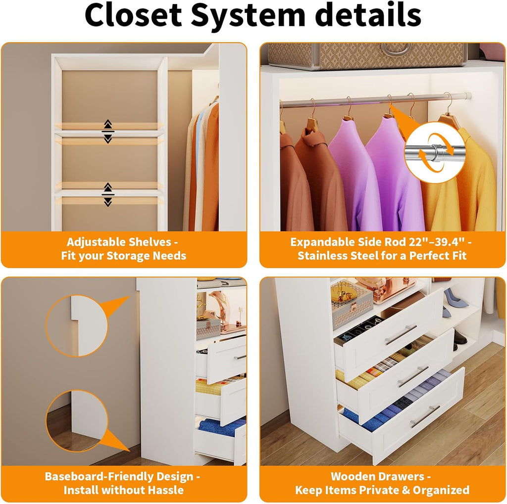 Closet System with 3 Drawers, Corner Closet Organizer Systems with 7 Shelves & 5 Hanging Rods L-Shaped Walk in Closet