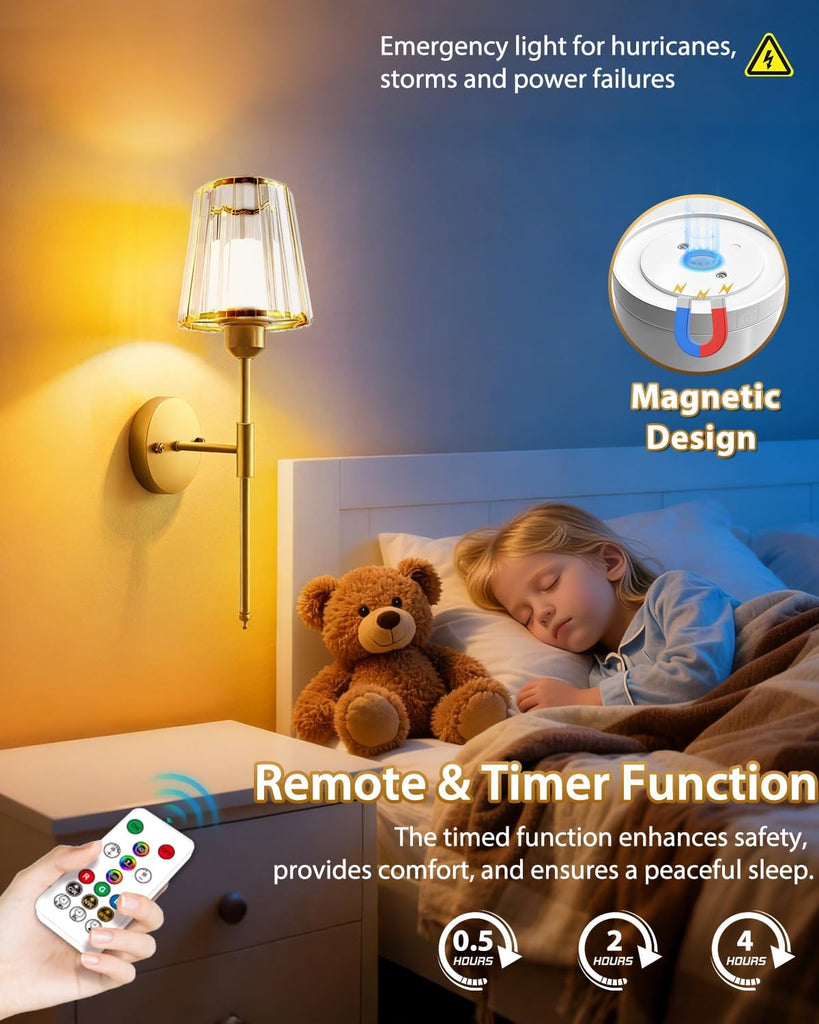 Crystal Battery Operated Wall Sconces Set of Two, Gold Rechargeable Wall Lights with 10000mAh Dimmable Magnetic Bulb