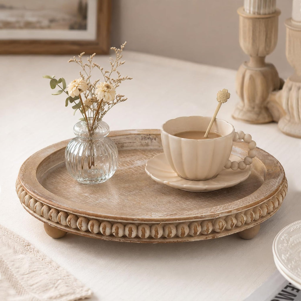 Round Decorative Tray for Coffee Table, Natural Wood Beaded Tray with Detachable Legs, 11.87" Farmhouse Rustic